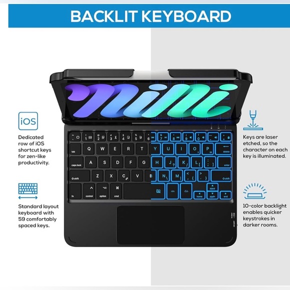 Keyboard Case for iPad Mini 7 (2024) & Mini 6 (2021) Wireless Case with Keyboard - Picture 3 of 6